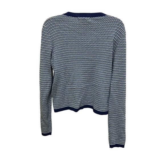 Liz Claiborne Cardigan SZ M Blue White One Button Front Knit Sweater Cotton Navy - Picture 3 of 4